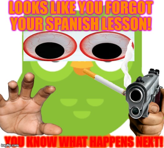 Duolingo OWL | LOOKS LIKE YOU FORGOT YOUR SPANISH LESSON! YOU KNOW WHAT HAPPENS NEXT! | image tagged in duolingo owl,duolingo bird,duolingo gun,duolingo,your worst nightmare | made w/ Imgflip meme maker