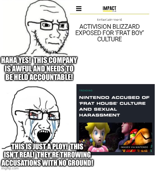 HAHA YES!  THIS COMPANY
IS AWFUL AND NEEDS TO
BE HELD ACCOUNTABLE! THIS IS JUST A PLOY!  THIS ISN’T REAL!  THEY’RE THROWING ACCUSATIONS WITH NO GROUND! | image tagged in hypocrite neckbeard,crying wojak vs chad | made w/ Imgflip meme maker