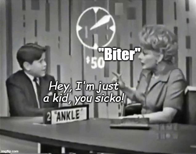 There goes that "family friendly" show concept | "Biter"; Hey, I'm just a kid, you sicko! | image tagged in game show,password,funny memes,i love lucy | made w/ Imgflip meme maker