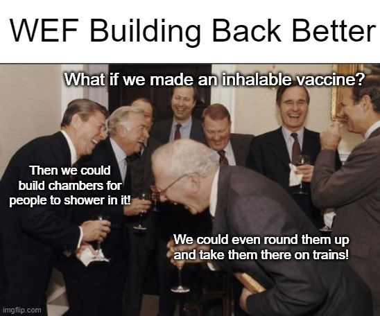 I love it when a plan comes together | WEF Building Back Better; What if we made an inhalable vaccine? Then we could build chambers for people to shower in it! We could even round them up and take them there on trains! | image tagged in memes,laughing men in suits | made w/ Imgflip meme maker