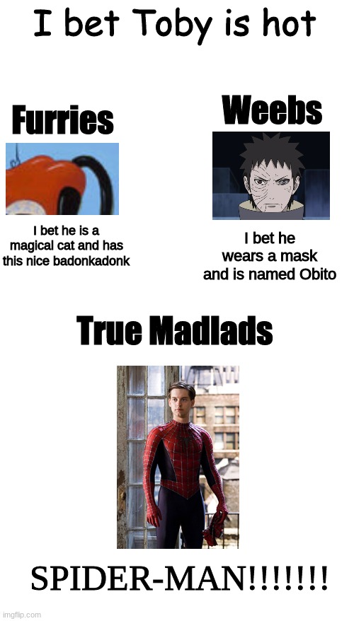 Toby is the best name (this is just a cringy meme I made up) | I bet Toby is hot; Furries; Weebs; I bet he is a magical cat and has this nice badonkadonk; I bet he wears a mask and is named Obito; True Madlads; SPIDER-MAN!!!!!!! | image tagged in spiderman,toby maguire,cringe | made w/ Imgflip meme maker