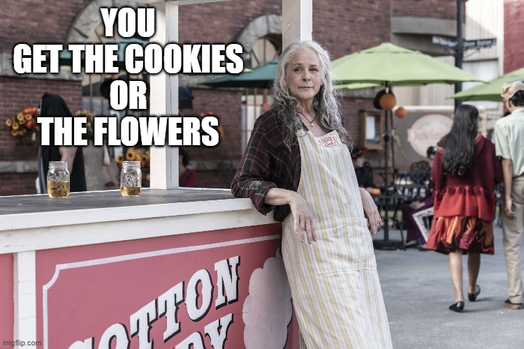 Carol TWD You Get the Cookies or the Flowers | YOU GET THE COOKIES
OR
THE FLOWERS | image tagged in twd,the walking dead,carol | made w/ Imgflip meme maker