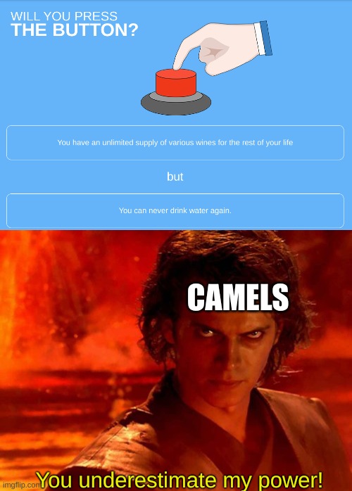 Camels be like | CAMELS; You underestimate my power! | image tagged in memes,you underestimate my power,will you press the button,it's over anakin i have the high ground | made w/ Imgflip meme maker