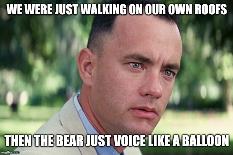 And Just Like That | WE WERE JUST WALKING ON OUR OWN ROOFS; THEN THE BEAR JUST VOICE LIKE A BALLOON | image tagged in memes,and just like that | made w/ Imgflip meme maker