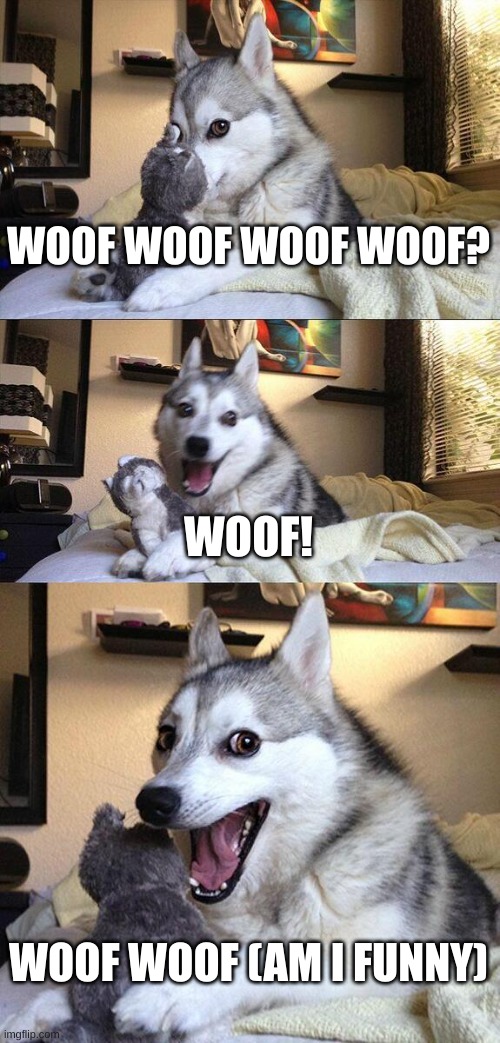 dog joke | WOOF WOOF WOOF WOOF? WOOF! WOOF WOOF (AM I FUNNY) | image tagged in memes,bad pun dog | made w/ Imgflip meme maker