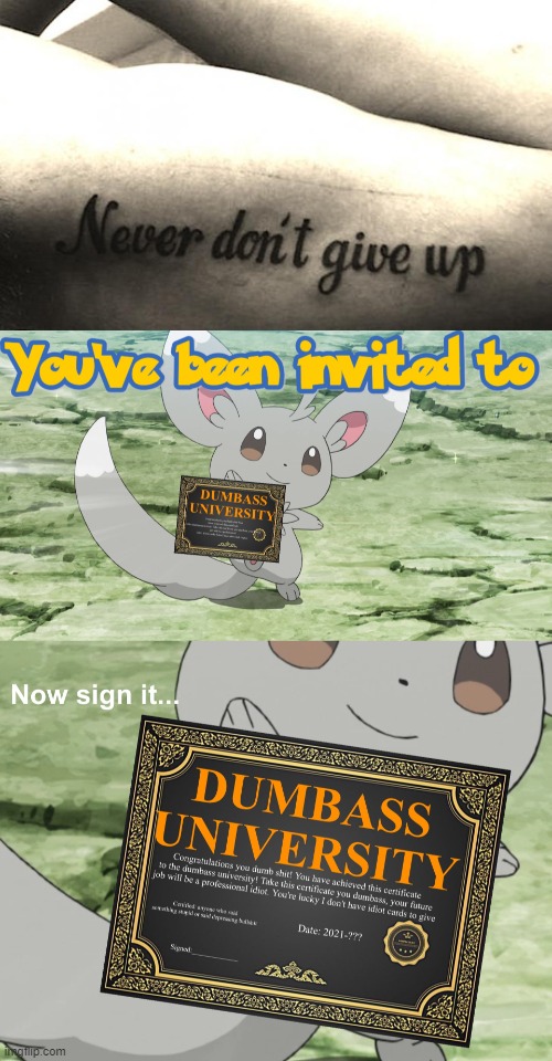 image tagged in you've been invited to dumbass university | made w/ Imgflip meme maker
