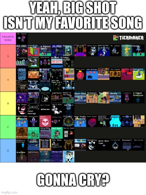 YEAH, BIG SHOT ISN'T MY FAVORITE SONG; GONNA CRY? | image tagged in 7-tier expanding brain,to do list,sus,deltarune,sans,undertale | made w/ Imgflip meme maker
