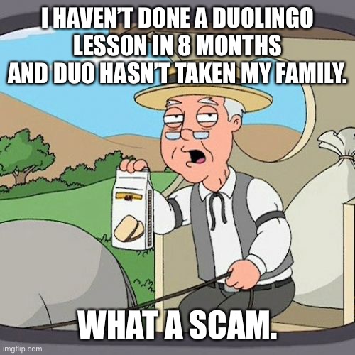 I’m joking about the “What a scam.” | I HAVEN’T DONE A DUOLINGO LESSON IN 8 MONTHS AND DUO HASN’T TAKEN MY FAMILY. WHAT A SCAM. | image tagged in memes,pepperidge farm remembers | made w/ Imgflip meme maker