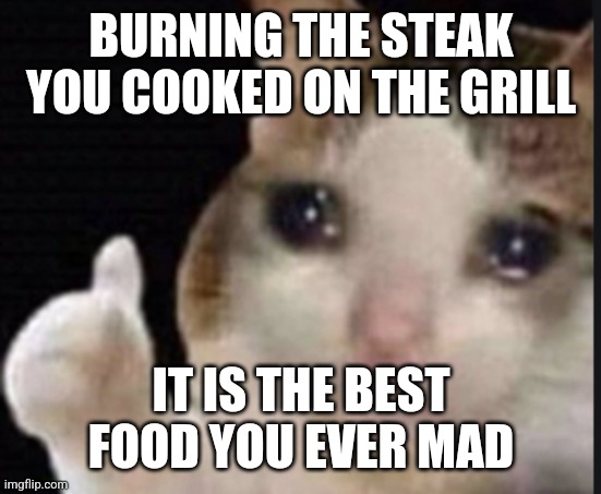 Cooking skills maximum | BURNING THE STEAK YOU COOKED ON THE GRILL; IT IS THE BEST FOOD YOU EVER MAD | image tagged in cat crying with thumbs up | made w/ Imgflip meme maker