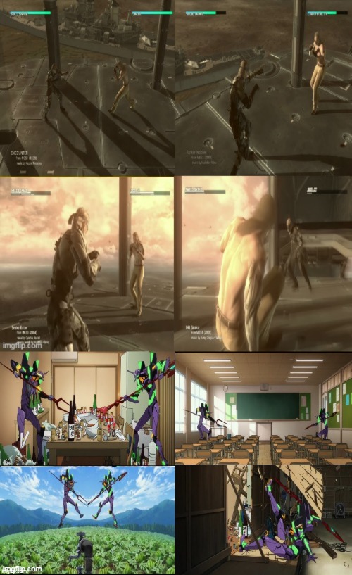 Drawing parallels that do not make any sense n°6 | image tagged in metal gear solid,neon genesis evangelion,rebuild of evangelion,solid snake | made w/ Imgflip meme maker