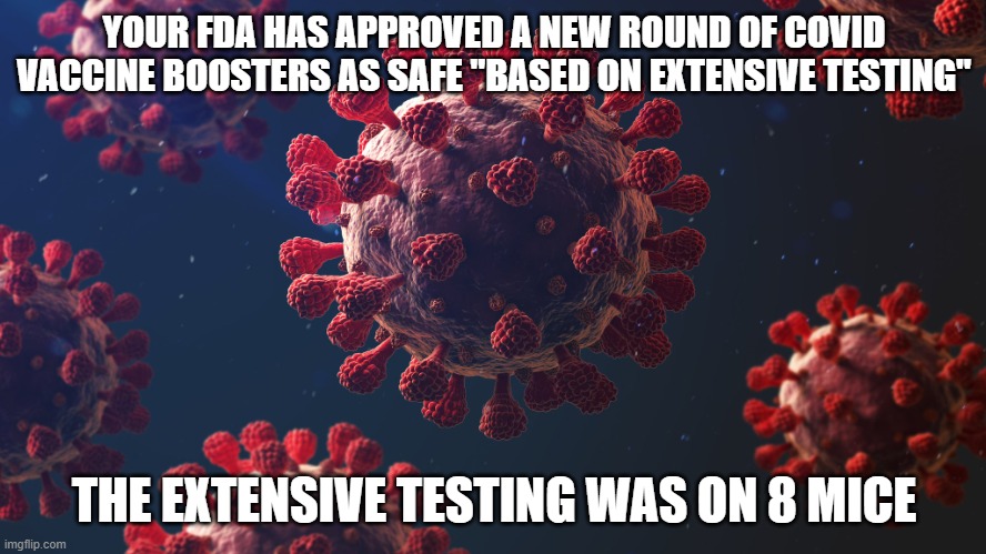 FDA Approves Pfizer Covid Vaccine | YOUR FDA HAS APPROVED A NEW ROUND OF COVID VACCINE BOOSTERS AS SAFE "BASED ON EXTENSIVE TESTING"; THE EXTENSIVE TESTING WAS ON 8 MICE | image tagged in fda approves pfizer covid vaccine | made w/ Imgflip meme maker