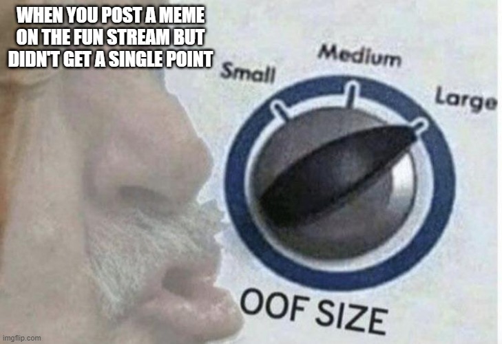OOF | WHEN YOU POST A MEME ON THE FUN STREAM BUT DIDN'T GET A SINGLE POINT | image tagged in oof size large,imgflip points | made w/ Imgflip meme maker