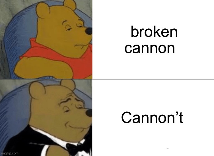 Tuxedo Winnie The Pooh | broken cannon; Cannon’t | image tagged in memes,tuxedo winnie the pooh | made w/ Imgflip meme maker