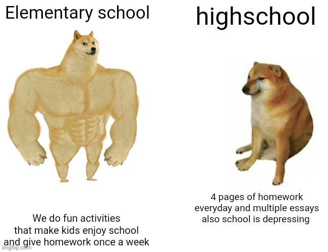 Buff Doge vs. Cheems |  Elementary school; highschool; 4 pages of homework everyday and multiple essays also school is depressing; We do fun activities that make kids enjoy school and give homework once a week | image tagged in memes,buff doge vs cheems | made w/ Imgflip meme maker