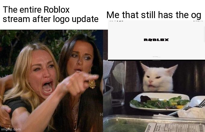Woman Yelling At Cat | The entire Roblox stream after logo update; Me that still has the og | image tagged in memes,woman yelling at cat | made w/ Imgflip meme maker