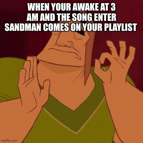 Pacha perfect |  WHEN YOUR AWAKE AT 3 AM AND THE SONG ENTER SANDMAN COMES ON YOUR PLAYLIST | image tagged in pacha perfect | made w/ Imgflip meme maker