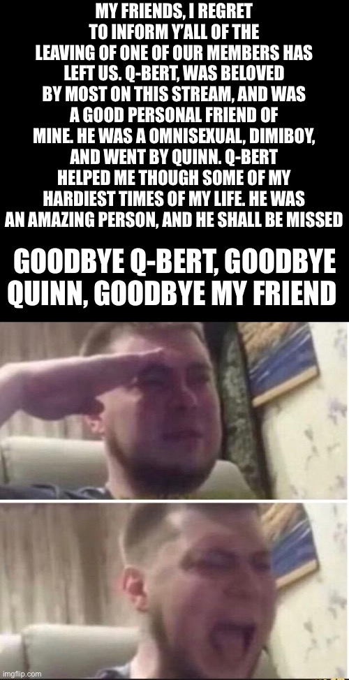 Goodbye Quinn | MY FRIENDS, I REGRET TO INFORM Y’ALL OF THE LEAVING OF ONE OF OUR MEMBERS HAS LEFT US. Q-BERT, WAS BELOVED BY MOST ON THIS STREAM, AND WAS A GOOD PERSONAL FRIEND OF MINE. HE WAS A OMNISEXUAL, DIMIBOY, AND WENT BY QUINN. Q-BERT HELPED ME THOUGH SOME OF MY HARDIEST TIMES OF MY LIFE. HE WAS AN AMAZING PERSON, AND HE SHALL BE MISSED; GOODBYE Q-BERT, GOODBYE QUINN, GOODBYE MY FRIEND | image tagged in blank black,crying salute | made w/ Imgflip meme maker