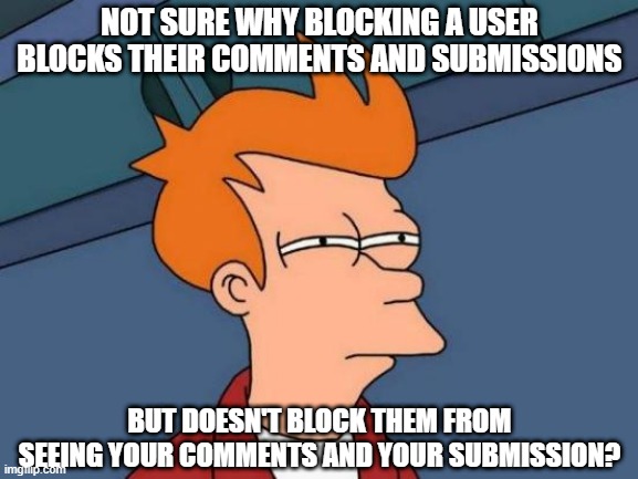 What's the Point? or am I Wrong? | NOT SURE WHY BLOCKING A USER BLOCKS THEIR COMMENTS AND SUBMISSIONS; BUT DOESN'T BLOCK THEM FROM SEEING YOUR COMMENTS AND YOUR SUBMISSION? | image tagged in memes,futurama fry | made w/ Imgflip meme maker