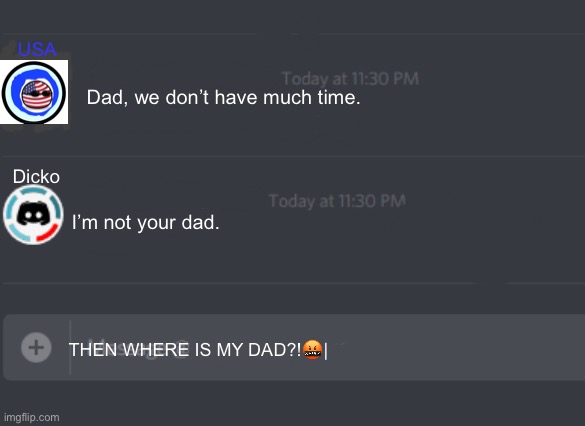 Some Short Discord Image | USA; Dad, we don’t have much time. Dicko; I’m not your dad. THEN WHERE IS MY DAD?!🤬| | image tagged in discord chat | made w/ Imgflip meme maker