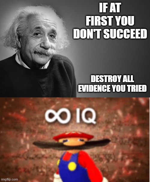 IF AT FIRST YOU DON'T SUCCEED; DESTROY ALL EVIDENCE YOU TRIED | image tagged in albert einstein quotes,infinite iq | made w/ Imgflip meme maker