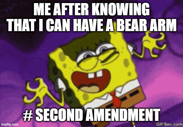 Second amindments | ME AFTER KNOWING THAT I CAN HAVE A BEAR ARM; # SECOND AMENDMENT | image tagged in production | made w/ Imgflip meme maker