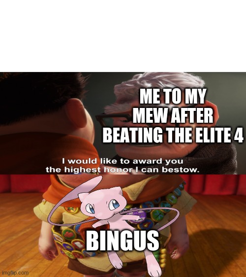 yes, this happened once | ME TO MY MEW AFTER BEATING THE ELITE 4; BINGUS | image tagged in highest honor i can bestow | made w/ Imgflip meme maker