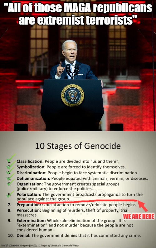 The script that Joe is actually sticking to | "All of those MAGA republicans are extremist terrorists"; WE ARE HERE | image tagged in biden | made w/ Imgflip meme maker
