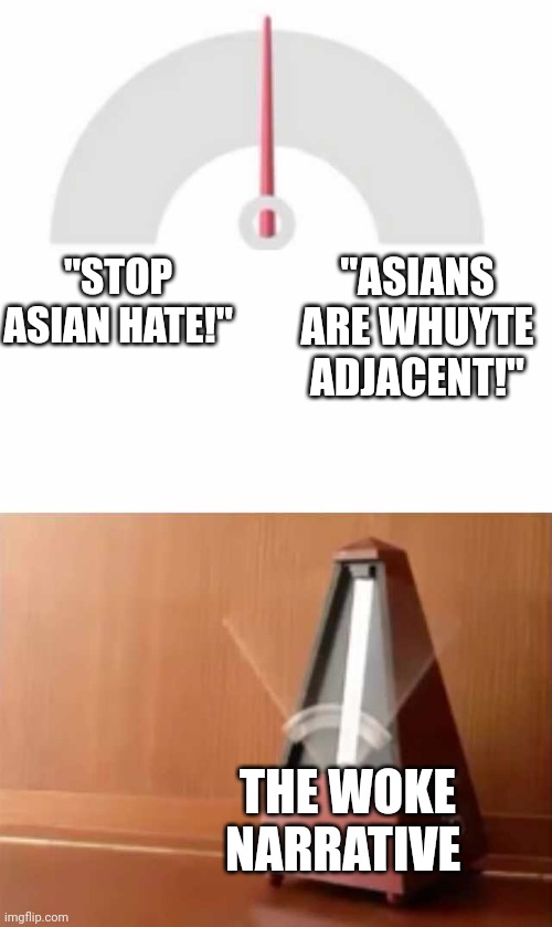 Make up yer mind! | "ASIANS ARE WHUYTE ADJACENT!"; "STOP ASIAN HATE!"; THE WOKE NARRATIVE | image tagged in metronome,asian,woke,hypocrisy,what the what | made w/ Imgflip meme maker
