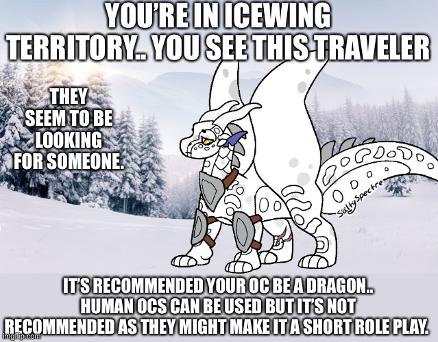 This one is actually lore related somehow. | YOU’RE IN ICEWING TERRITORY.. YOU SEE THIS TRAVELER; THEY SEEM TO BE LOOKING FOR SOMEONE. IT’S RECOMMENDED YOUR OC BE A DRAGON.. HUMAN OCS CAN BE USED BUT IT’S NOT RECOMMENDED AS THEY MIGHT MAKE IT A SHORT ROLE PLAY. | image tagged in snow biome | made w/ Imgflip meme maker