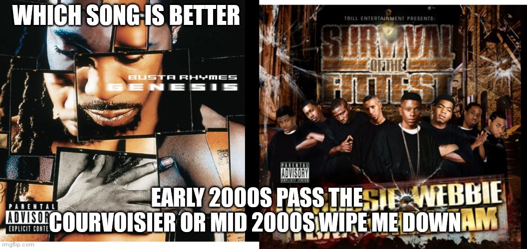 Which song is better | WHICH SONG IS BETTER; EARLY 2000S PASS THE COURVOISIER OR MID 2000S WIPE ME DOWN | image tagged in funny memes | made w/ Imgflip meme maker