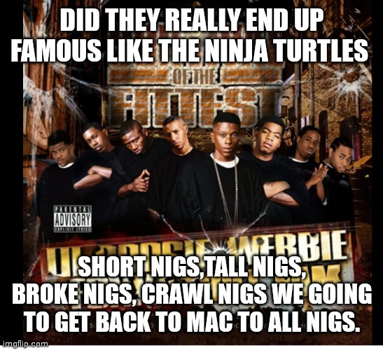 Did they really end up famous like the ninja turtles did? | DID THEY REALLY END UP FAMOUS LIKE THE NINJA TURTLES; SHORT NIGS,TALL NIGS, BROKE NIGS, CRAWL NIGS WE GOING TO GET BACK TO MAC TO ALL NIGS. | image tagged in funny memes | made w/ Imgflip meme maker
