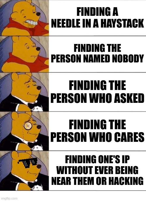 Finding… | FINDING A NEEDLE IN A HAYSTACK; FINDING THE PERSON NAMED NOBODY; FINDING THE PERSON WHO ASKED; FINDING THE PERSON WHO CARES; FINDING ONE'S IP WITHOUT EVER BEING NEAR THEM OR HACKING | image tagged in winnie the pooh v 20 | made w/ Imgflip meme maker