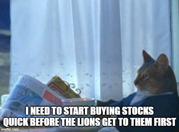 just a thought | I NEED TO START BUYING STOCKS QUICK BEFORE THE LIONS GET TO THEM FIRST | image tagged in i should buy a boat cat,cats,lion,lions,stock market,stocks | made w/ Imgflip meme maker