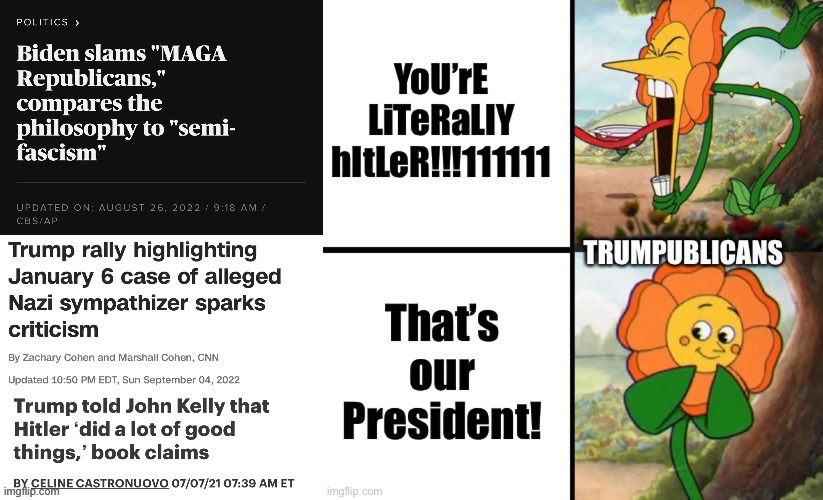 Do they even see themselves??? | image tagged in conservative hypocrisy,donald trump,joe biden,nazi,cuphead flower | made w/ Imgflip meme maker