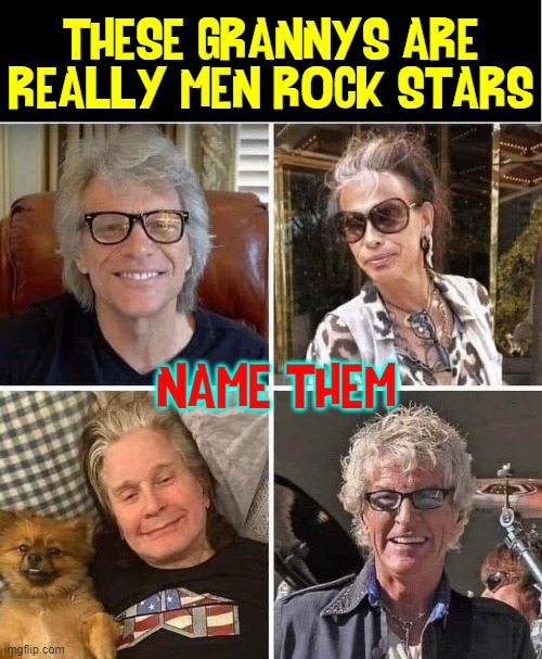 Let's Play: Name the Aging Lead Singer | THESE GRANNYS ARE
REALLY MEN ROCK STARS; NAME THEM | image tagged in vince vance,memes,rock,singers,rock n roll,classic rock | made w/ Imgflip meme maker