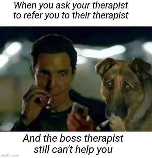 Failed Therapy | When you ask your therapist to refer you to their therapist; And the boss therapist still can't help you | image tagged in therapy,psychologist,funny memes,dank memes,dark humor | made w/ Imgflip meme maker