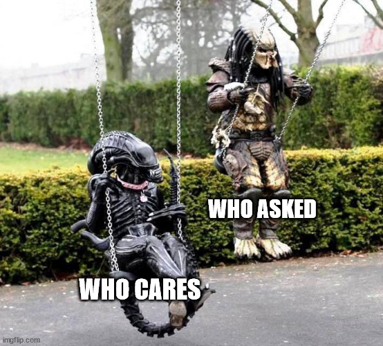 edgy kids at the park | WHO ASKED; WHO CARES | image tagged in alien vs predator on swings | made w/ Imgflip meme maker