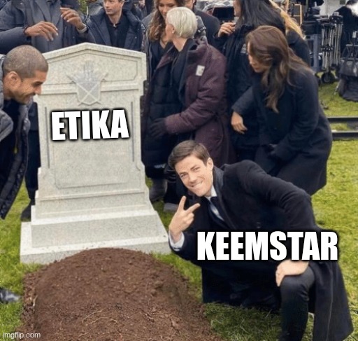 Grant Gustin over grave | ETIKA; KEEMSTAR | image tagged in grant gustin over grave | made w/ Imgflip meme maker