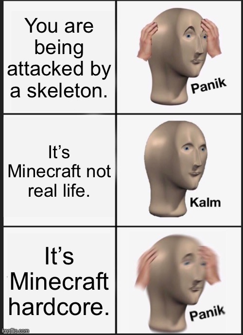 Panik Kalm Panik | You are being attacked by a skeleton. It’s Minecraft not real life. It’s Minecraft hardcore. | image tagged in memes,panik kalm panik | made w/ Imgflip meme maker