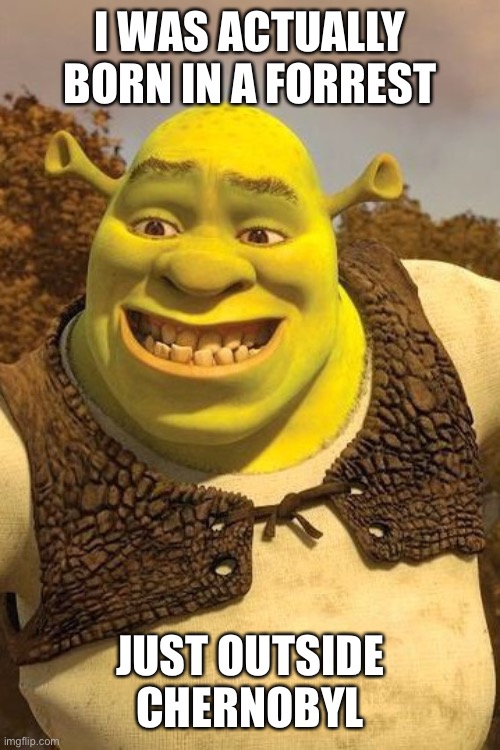 Smiling Shrek | I WAS ACTUALLY BORN IN A FORREST JUST OUTSIDE CHERNOBYL | image tagged in smiling shrek | made w/ Imgflip meme maker