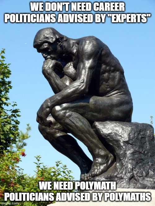 The Thinker | WE DON'T NEED CAREER POLITICIANS ADVISED BY "EXPERTS"; WE NEED POLYMATH POLITICIANS ADVISED BY POLYMATHS | image tagged in the thinker | made w/ Imgflip meme maker