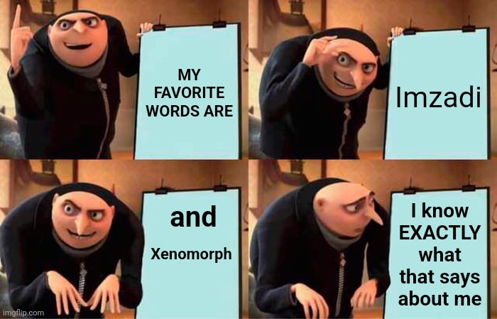 They Aren't Just The Prettiest Words.  They Are The Most Fun Words To Say | MY FAVORITE WORDS ARE; Imzadi; I know EXACTLY what that says about me; Xenomorph; and | image tagged in memes,gru's plan,lexicon,vocabulary,i like your funny words magic man,favorite words | made w/ Imgflip meme maker