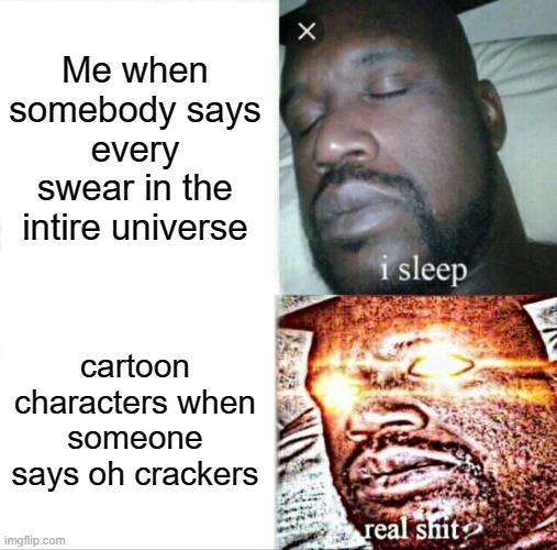 Lol | Me when somebody says every swear in the intire universe; cartoon characters when someone says oh crackers | image tagged in memes,sleeping shaq | made w/ Imgflip meme maker