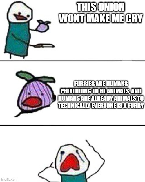 look it up (to should be so) | THIS ONION WONT MAKE ME CRY; FURRIES ARE HUMANS PRETENDING TO BE ANIMALS, AND HUMANS ARE ALREADY ANIMALS TO TECHNICALLY EVERYONE IS A FURRY | image tagged in this onion won't make me cry,furries,animals,memes,funny | made w/ Imgflip meme maker