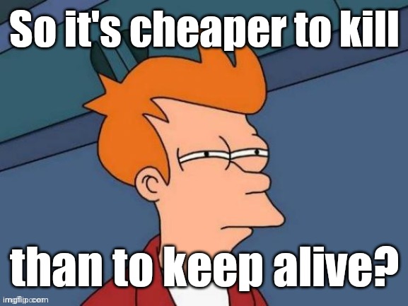 Fry is not sure... | So it's cheaper to kill than to keep alive? | image tagged in fry is not sure | made w/ Imgflip meme maker