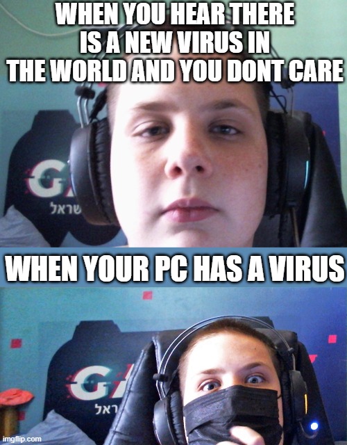EVERY GAMER'S BIGGEST FEAR | WHEN YOU HEAR THERE IS A NEW VIRUS IN THE WORLD AND YOU DONT CARE; WHEN YOUR PC HAS A VIRUS | image tagged in virus,computer virus,gamer,gamers | made w/ Imgflip meme maker