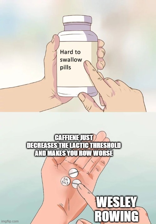 Caffiene in rowing | CAFFIENE JUST DECREASES THE LACTIC THRESHOLD AND MAKES YOU ROW WORSE; WESLEY ROWING | image tagged in memes,hard to swallow pills | made w/ Imgflip meme maker