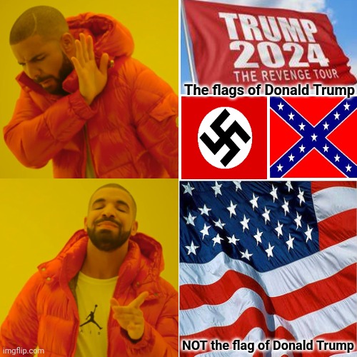 If You Are Pro~Trump You ARE With Everyone That Is Pro~Confederacy AND Pro~Nazi | The flags of Donald Trump; NOT the flag of Donald Trump | image tagged in memes,drake hotline bling,that's your choice,nazis,trumpublican christian nationalist nazis,you're not the boss of me | made w/ Imgflip meme maker