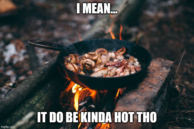 Frying Pan on Fire | I MEAN... IT DO BE KINDA HOT THO | image tagged in frying pan on fire | made w/ Imgflip meme maker