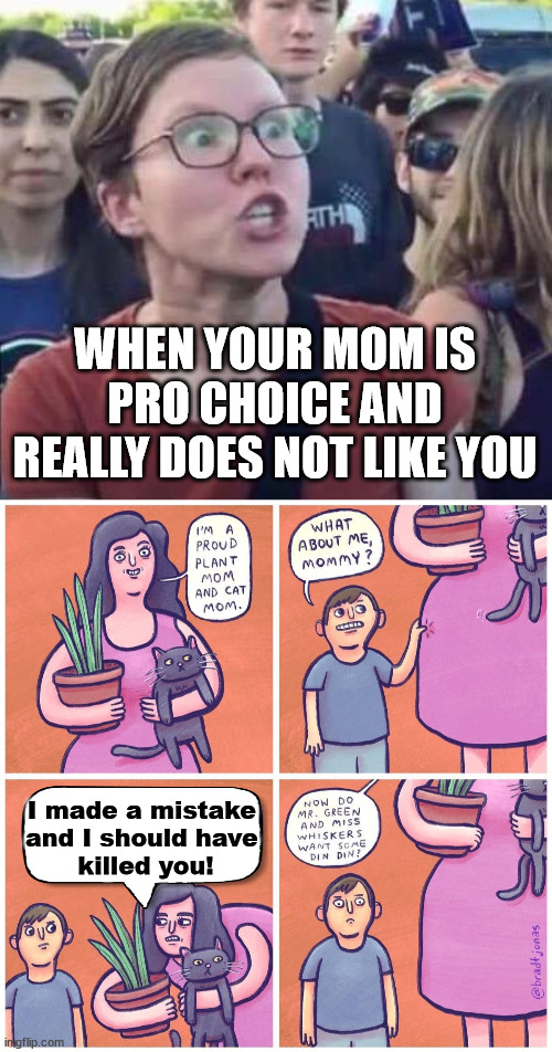 When your mom goes to pro choice rallies, she wants to kill you. | WHEN YOUR MOM IS PRO CHOICE AND REALLY DOES NOT LIKE YOU; I made a mistake 
and I should have 
killed you! | image tagged in angry liberal,pro choice | made w/ Imgflip meme maker